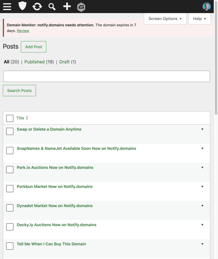 WordPress admin notice from Domain Monitor warning that the domain expires in 7 days