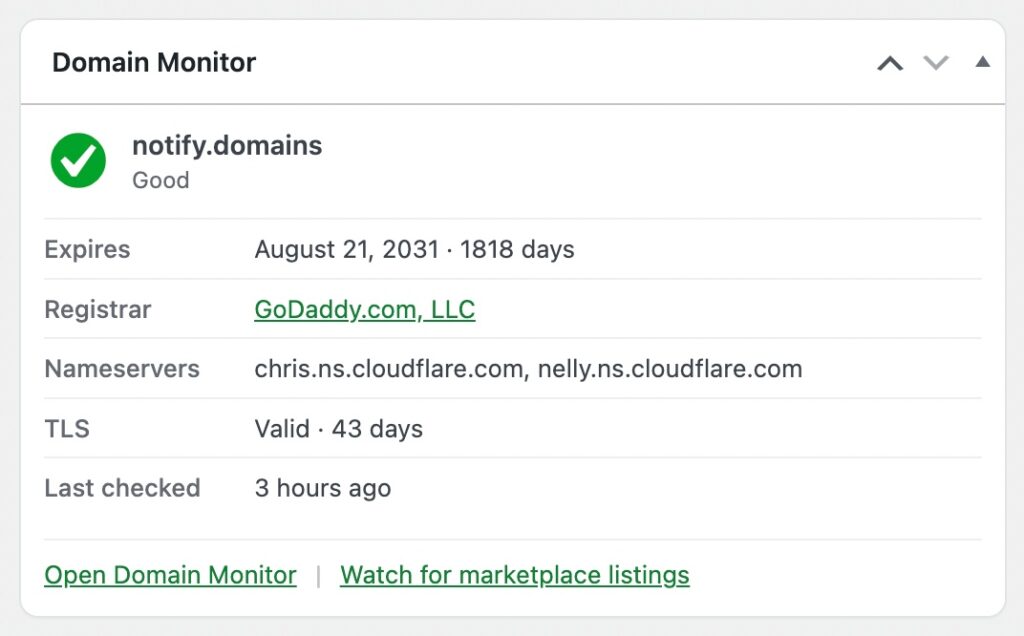 Domain Monitor dashboard widget showing days until expiry, registrar, nameservers, and TLS status