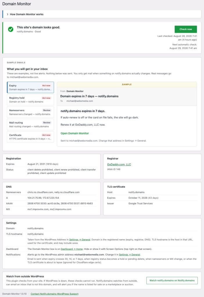 Domain Monitor settings screen after the first lookup, including sample alert emails and registration, DNS, and TLS details